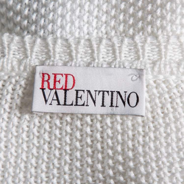 Pre Owned RED Valentino White Cotton Knit Floral Appliqued Long Sleeve Jumper M