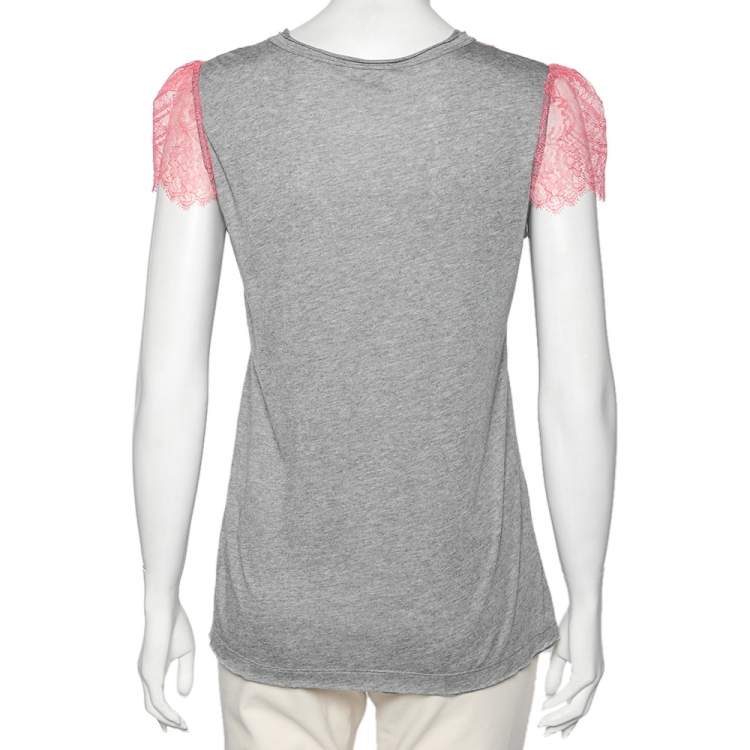 Pre Owned RED Valentino Grey Cotton & Lace Trimmed Pocket Detailed Top M