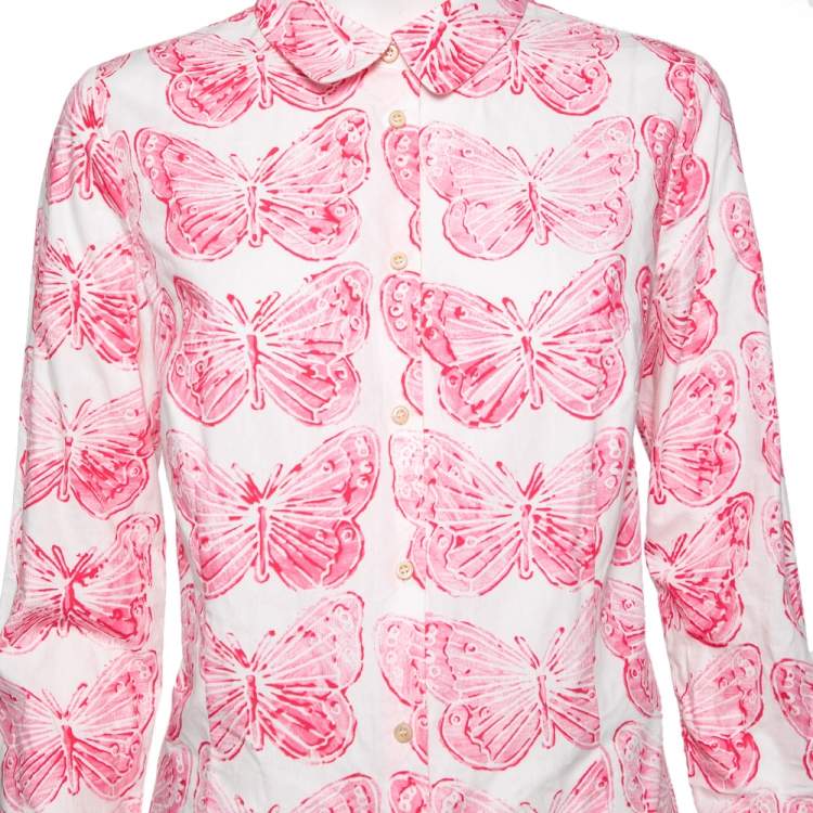Pre Owned RED Valentino White and Pink Butterfly Print Long Sleeve Shirt L