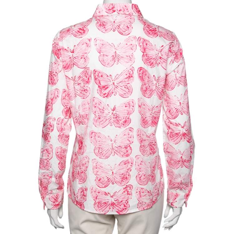Pre Owned RED Valentino White and Pink Butterfly Print Long Sleeve Shirt L