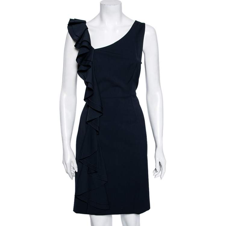 مملوكة مسبقًا RED Valentino Navy Blue Stretch Wool Ruffle Detail Midi Dress L