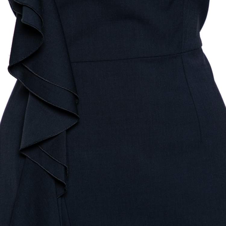 مملوكة مسبقًا RED Valentino Navy Blue Stretch Wool Ruffle Detail Midi Dress L