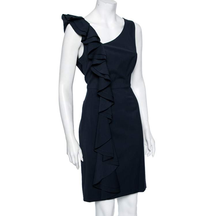مملوكة مسبقًا RED Valentino Navy Blue Stretch Wool Ruffle Detail Midi Dress L