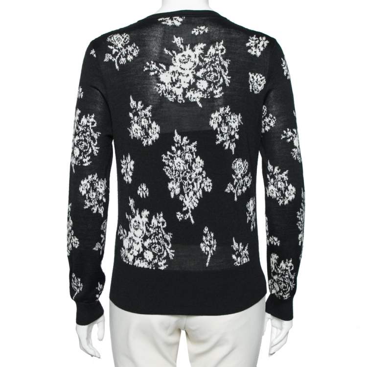 Pre Owned RED Valentino Black Jacquard Knit Lace Trim Button Front Cardigan L