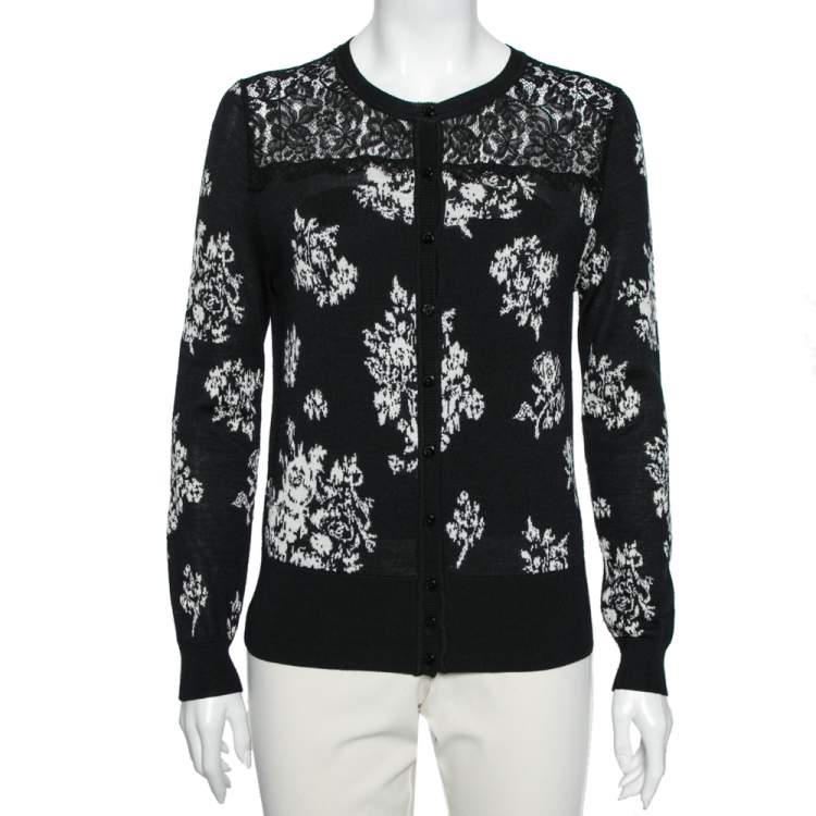 Pre Owned RED Valentino Black Jacquard Knit Lace Trim Button Front Cardigan L