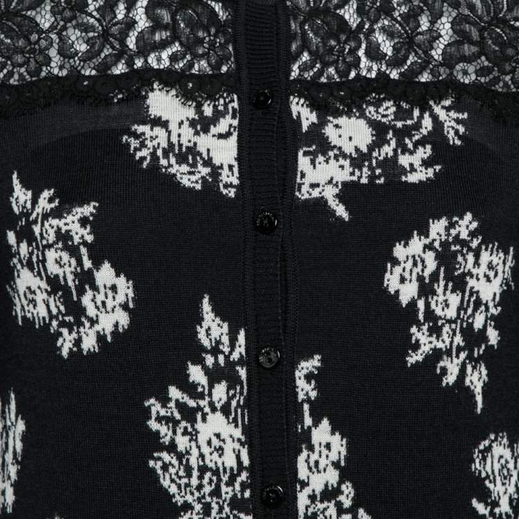 Pre Owned RED Valentino Black Jacquard Knit Lace Trim Button Front Cardigan L