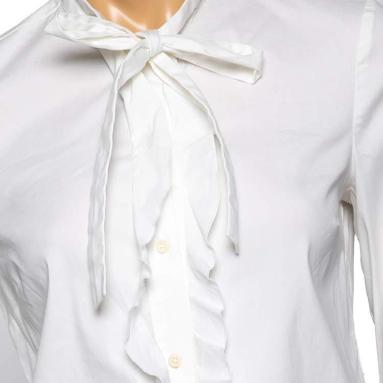 Pre Owned RED Valentino White Cotton Neck Tie Detail Ruffle Trimmed Shirt M