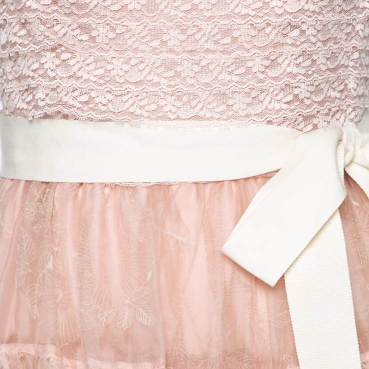 مملوكة مسبقًا RED Valentino Pink Synthetic Lace Paneled Tiered Tulle Skirt Dress M