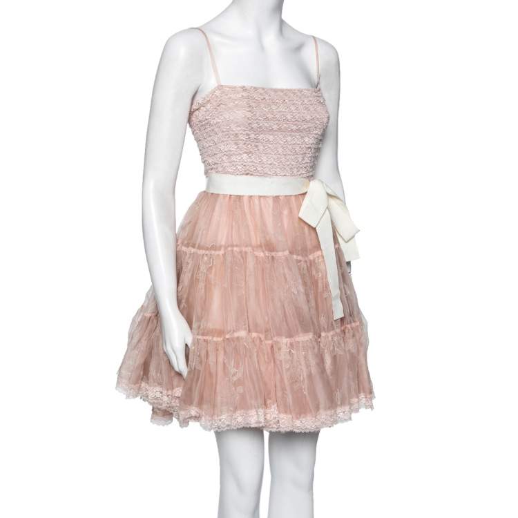 مملوكة مسبقًا RED Valentino Pink Synthetic Lace Paneled Tiered Tulle Skirt Dress M