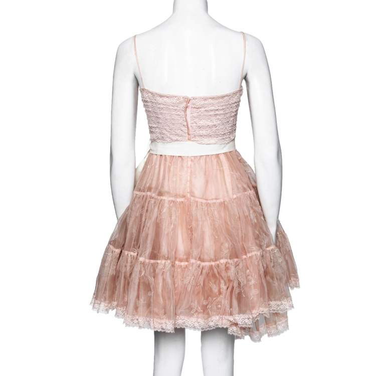 مملوكة مسبقًا RED Valentino Pink Synthetic Lace Paneled Tiered Tulle Skirt Dress M