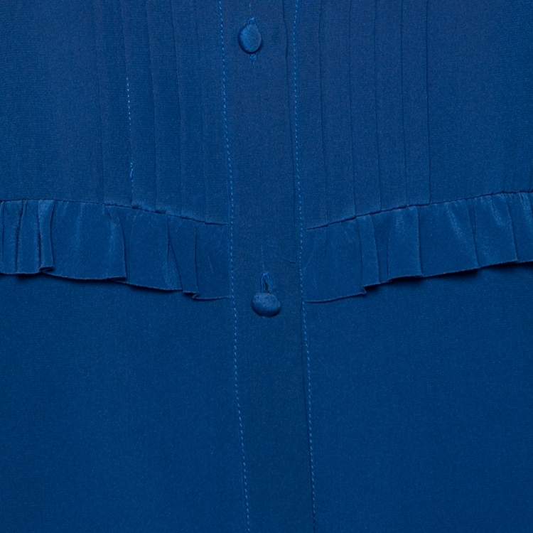 Pre Owned RED Valentino Blue Silk Pleated Front and Ruffle Trim Top M