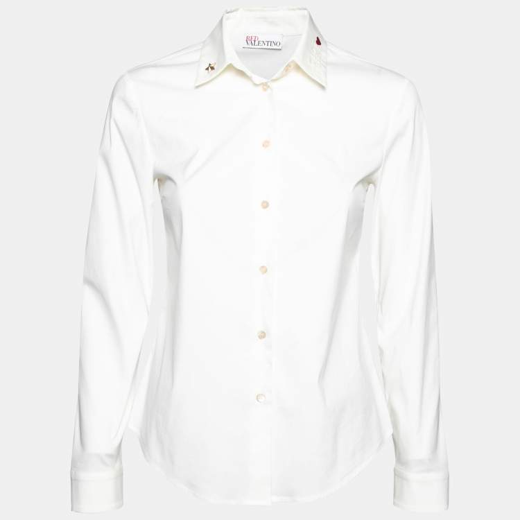 Pre Owned RED Valentino White Cotton Heart Embroidered Collar Shirt S