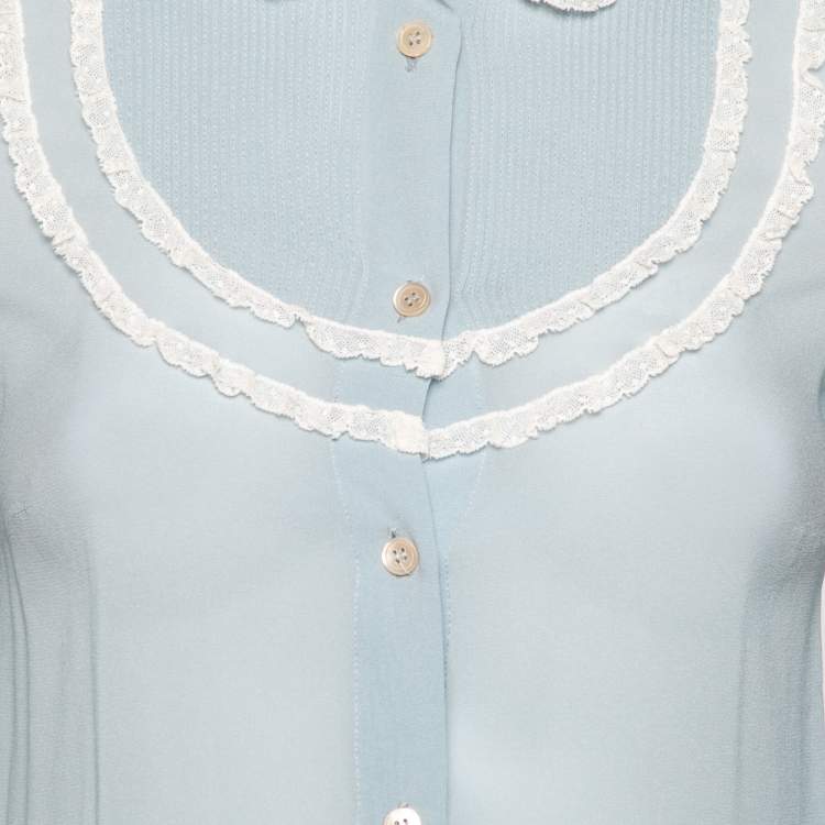 Pre Owned RED Valentino Blue Silk Ruffle Trim and Pleated Front Long Sleeve Blouse S
