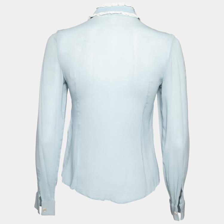 Pre Owned RED Valentino Blue Silk Ruffle Trim and Pleated Front Long Sleeve Blouse S