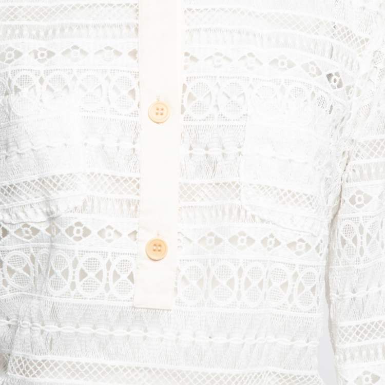 Pre Owned RED Valentino White Lace Button Front Long Sleeve Midi Dress L