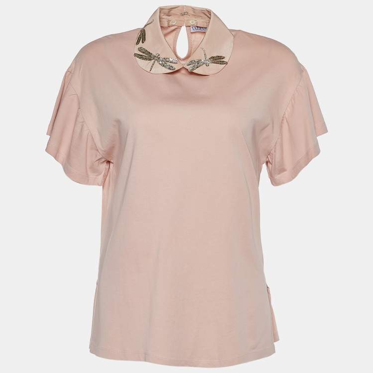 Pre Owned RED Valentino Pink Cotton Dragonfly Embellished Collar Detail T-Shirt S
