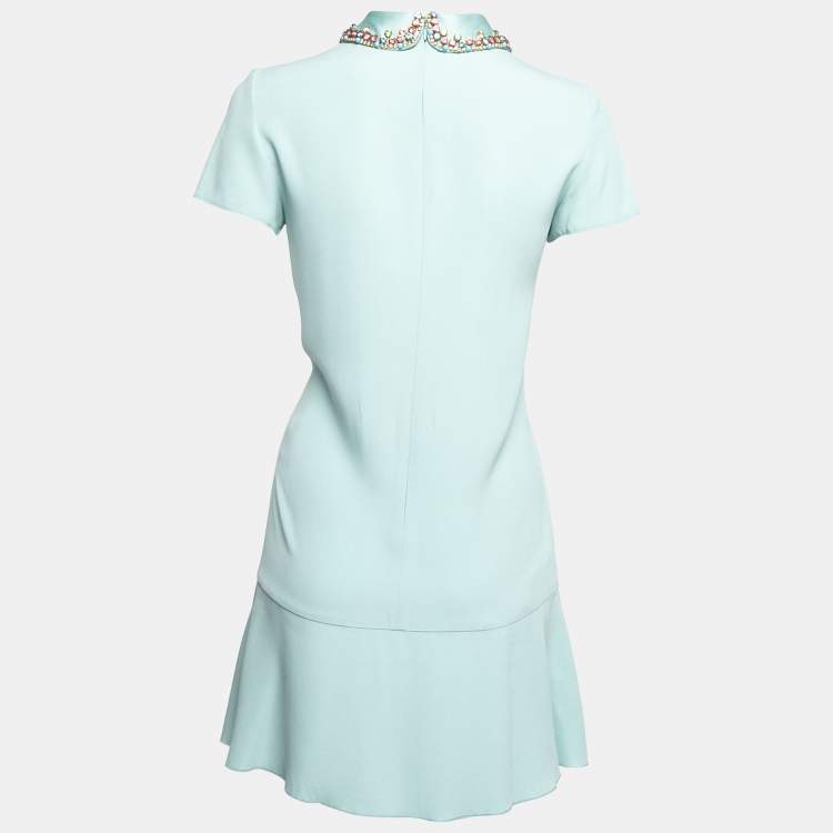 Pre Owned RED Valentino Blue Crepe Embellished Collar Detail Short Sleeve Dress S