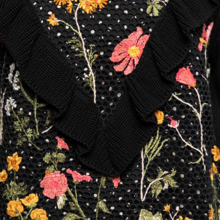 Pre Owned RED Valentino Black Floral Embroidered Cotton Knit Ruffle Trim Sweater L