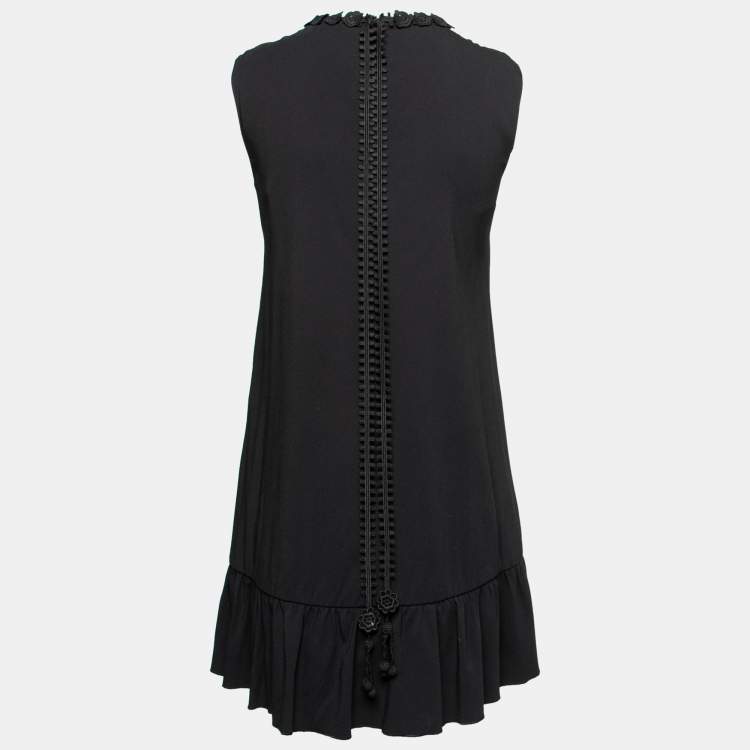 Pre Owned RED Valentino Black Crepe Lace Detail Ruffle Hem Dress XS
