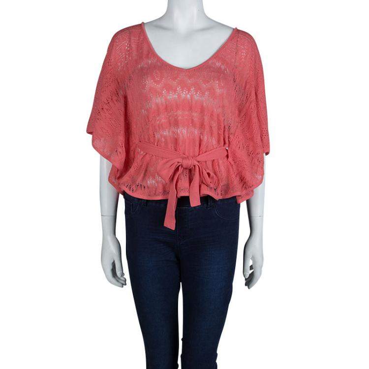 Pre Owned Red Valentino Coral Pink Knit Perforated Belted Top M