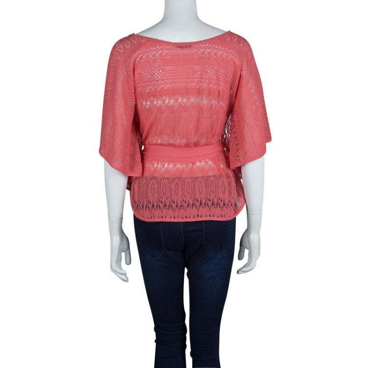 Pre Owned Red Valentino Coral Pink Knit Perforated Belted Top M
