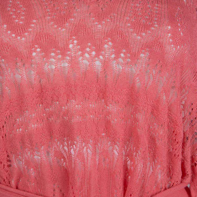 Pre Owned Red Valentino Coral Pink Knit Perforated Belted Top M