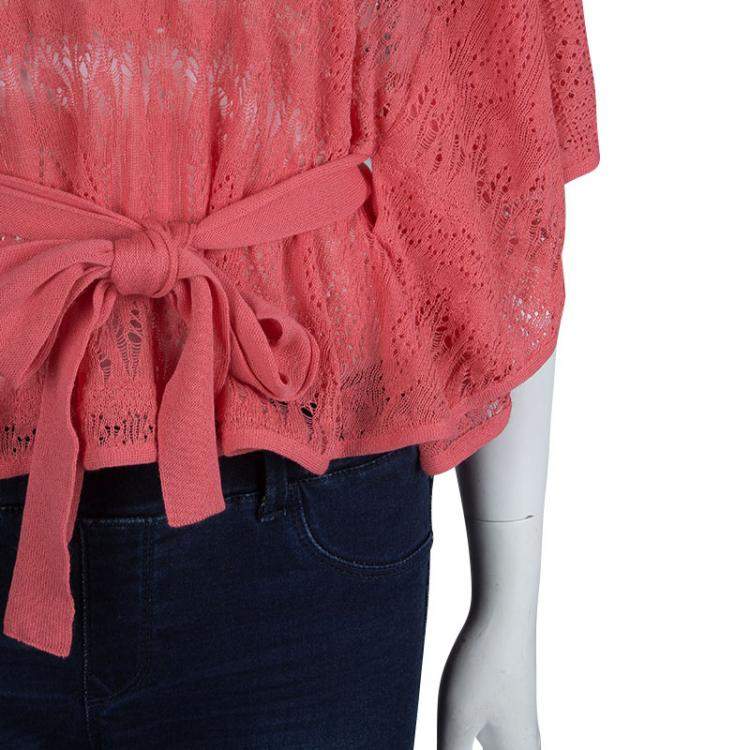 Pre Owned Red Valentino Coral Pink Knit Perforated Belted Top M