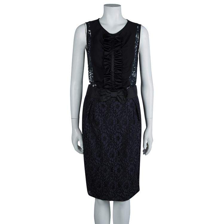 Pre Owned Red Valentino Black and Navy Blue Lace Top and Skirt Set S/M
