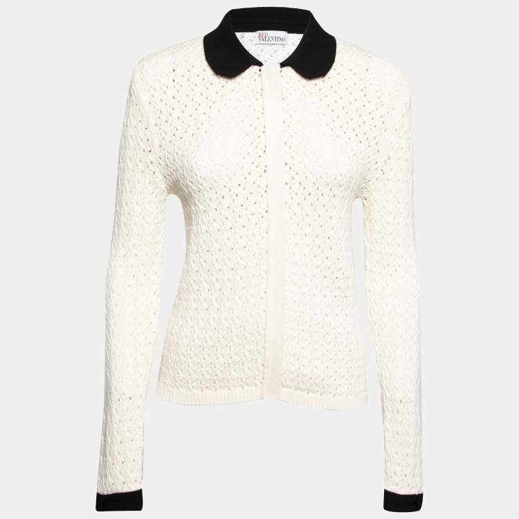 Pre Owned RED Valentino Off White Knit Contrast Collar Detail Zip Front Cardigan M