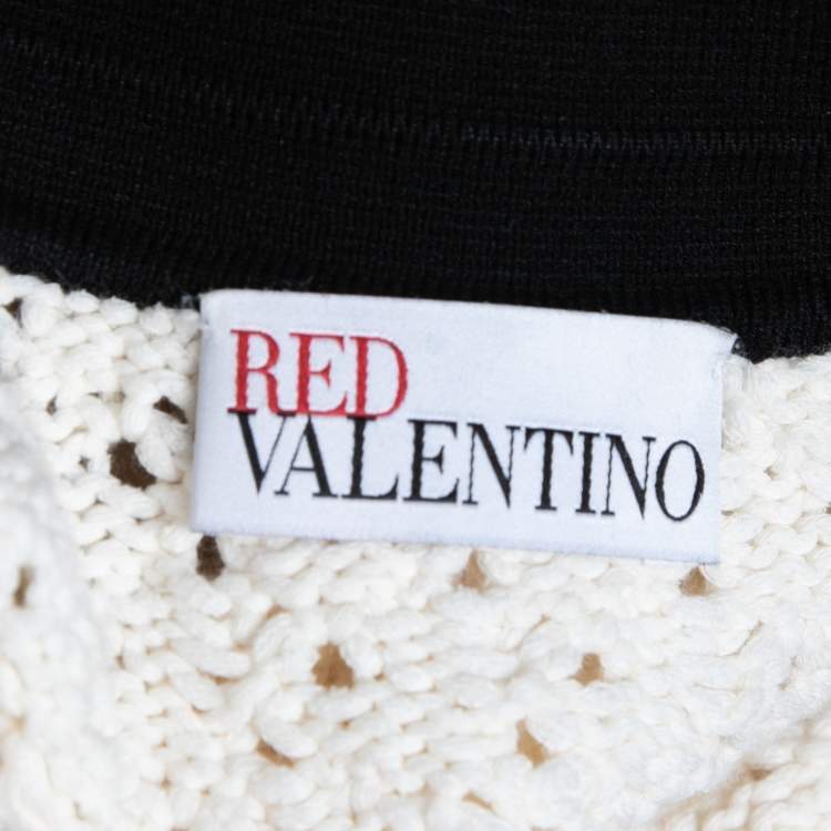 Pre Owned RED Valentino Off White Knit Contrast Collar Detail Zip Front Cardigan M