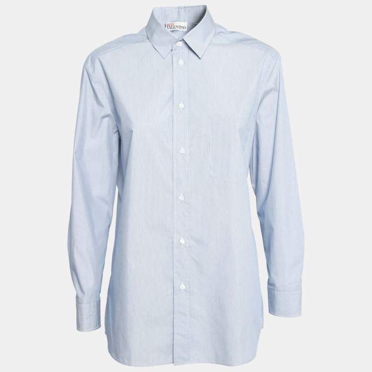 مملوكة مسبقًا RED Valentino Blue Pinstriped Cotton Poplin Pleated Back Shirt S