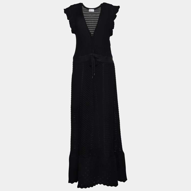 Red Valentino Black Crochet Knit Waist Tie Detail Maxi Dress