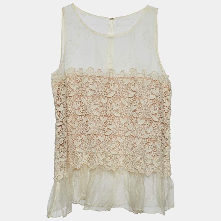 Pre Owned RED Valentino Cream Silk & Lace Sleeveless Top M