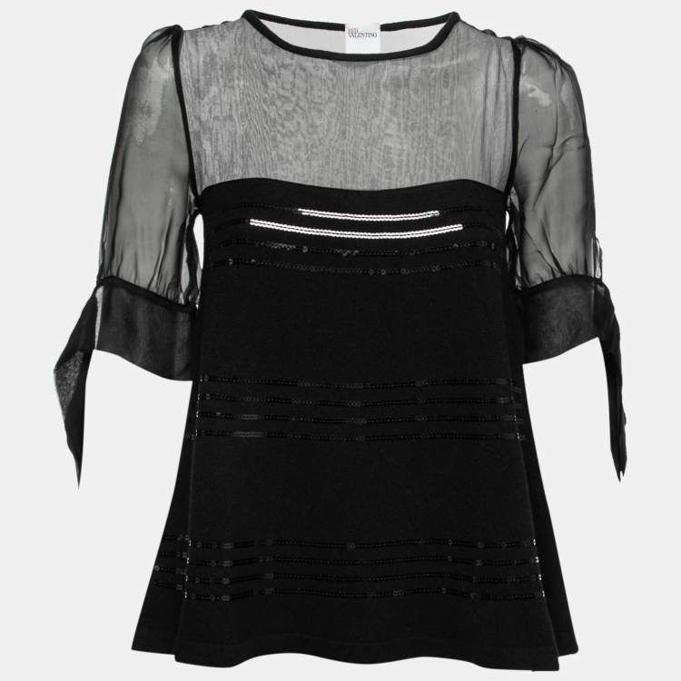 Pre Owned Red Valentino Black Knit & Silk Sequin Embellished Top  M