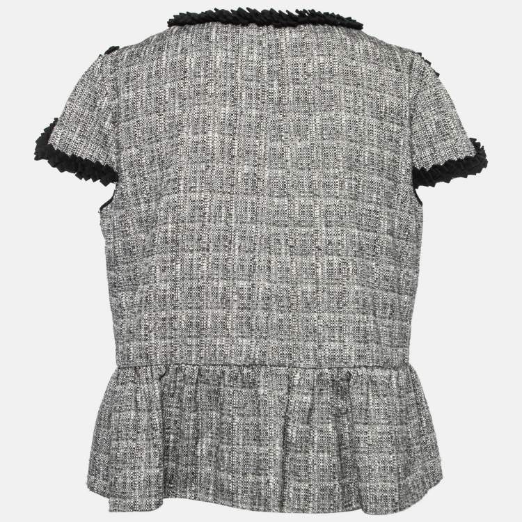 Pre Owned RED Valentino Black & Grey Tweed Ruffle Trim Cap-Sleeve Jacket L