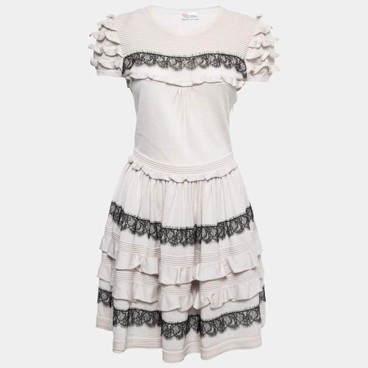 Pre Owned RED Valentino Grey Wool Knit Lace Trim Ruffled Dress L