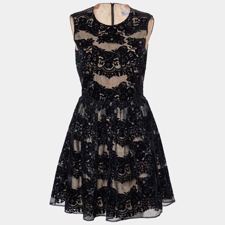 Pre Owned RED Valentino Black Flocked Silk Sleeveless Mini Dress S