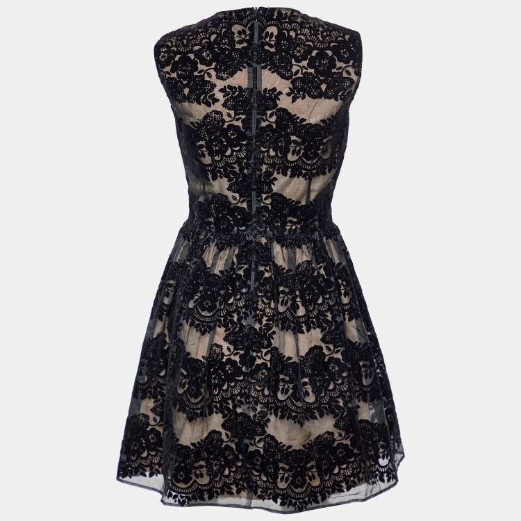 Pre Owned RED Valentino Black Flocked Silk Sleeveless Mini Dress S
