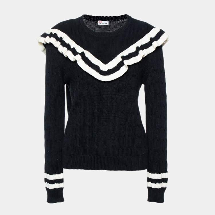 Pre Owned Red Valentino Black Cable Knit Optical Ruffle Jumper L
