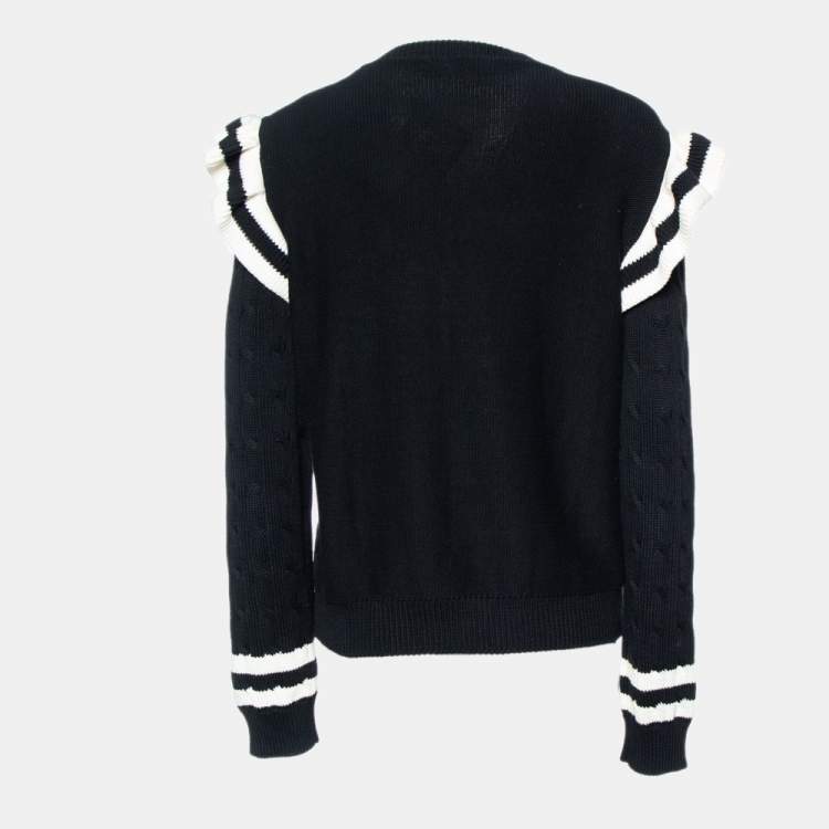 Pre Owned Red Valentino Black Cable Knit Optical Ruffle Jumper L
