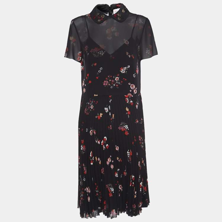 مملوكة مسبقًا RED Valentino Black Floral Printed Chiffon Dress M