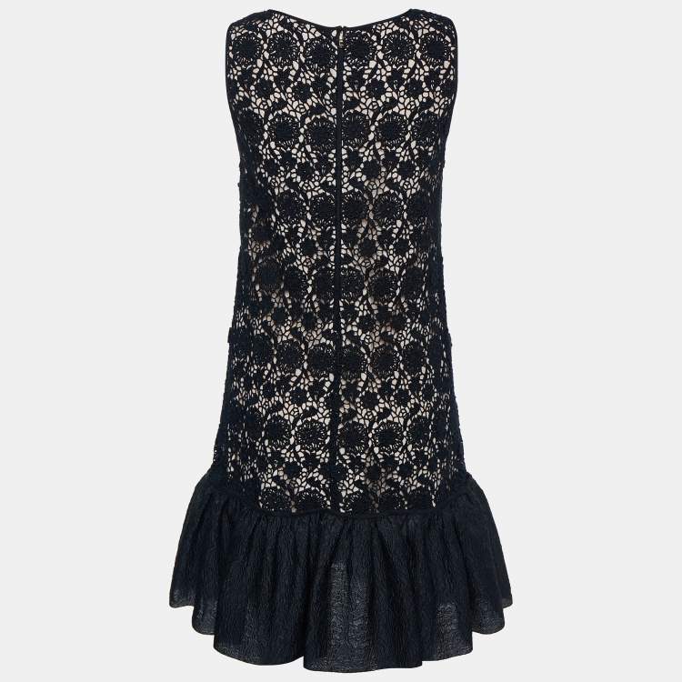 Pre Owned RED Valentino Black Floral Lace Ruffle Hem Sleeveless Shift Dress M