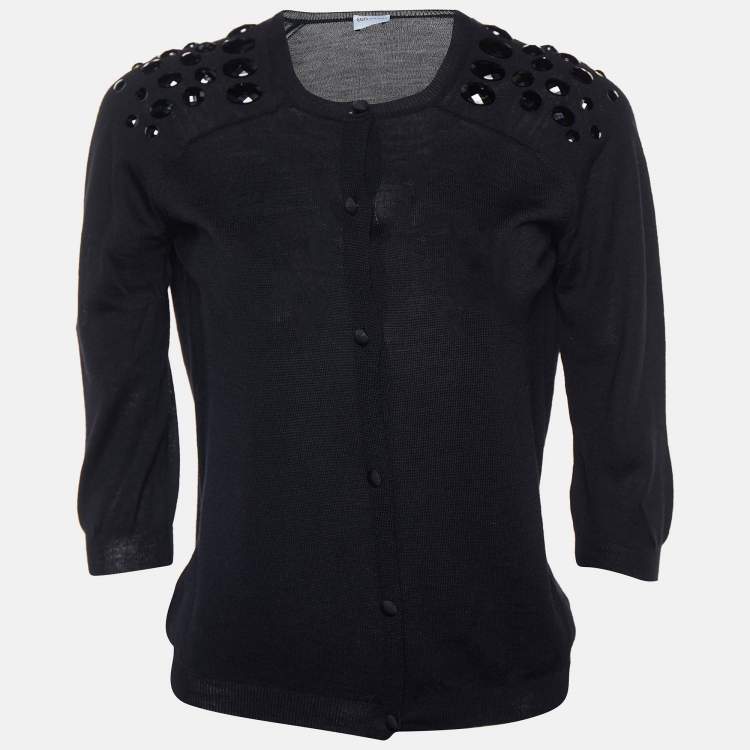 Pre Owned RED Valentino Black Virgin Wool Embellished Shoulder Detail Cardigan M