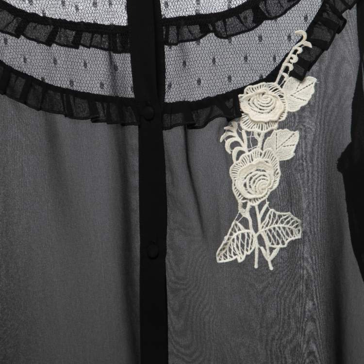 Pre Owned RED Valentino Black Crepe and Net Mock Neck Long Sleeve Blouse L
