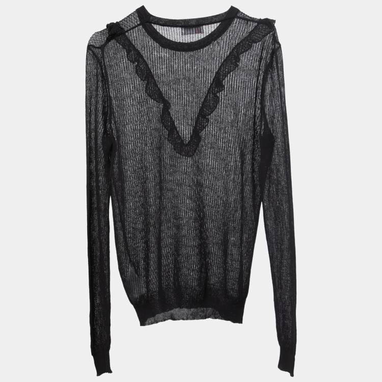 Pre Owned RED Valentino Black Open Knit Ruffled Pullover XL