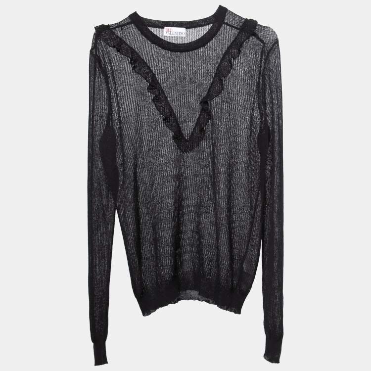 Pre Owned RED Valentino Black Open Knit Ruffled Pullover XL