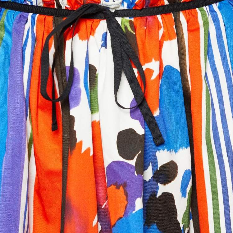 Pre Owned Red Valentino Blue Printed Cotton Paper Bag Waist Detail Midi Skirt M