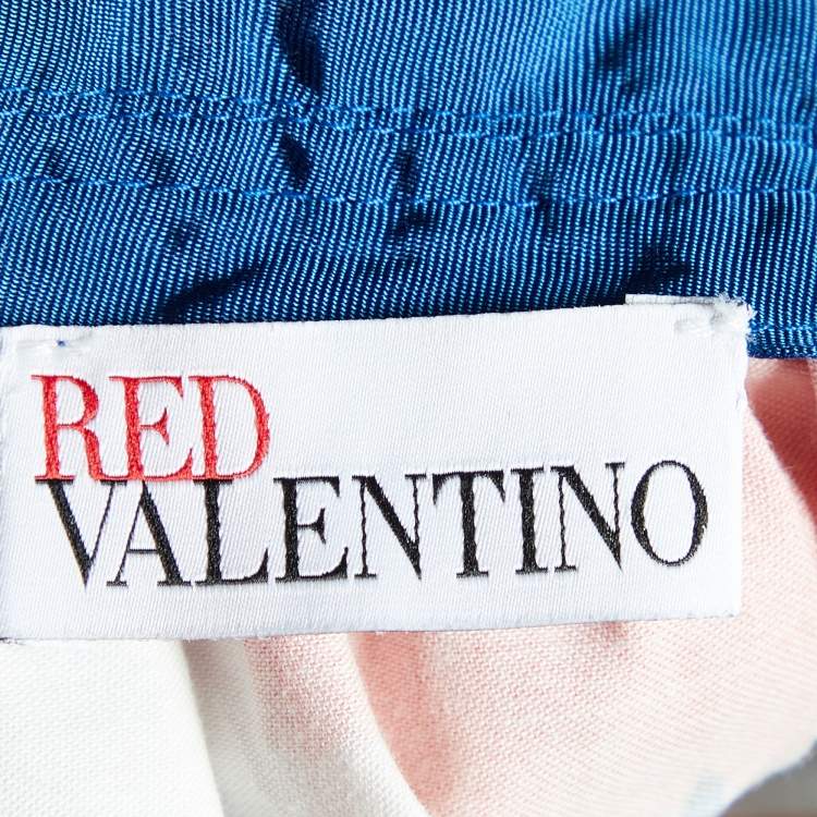 Pre Owned Red Valentino Blue Printed Cotton Paper Bag Waist Detail Midi Skirt M
