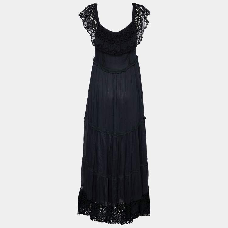 Pre Owned RED Valentino Black Chiffon & Lace Trim Off Shoulder Maxi Dress M