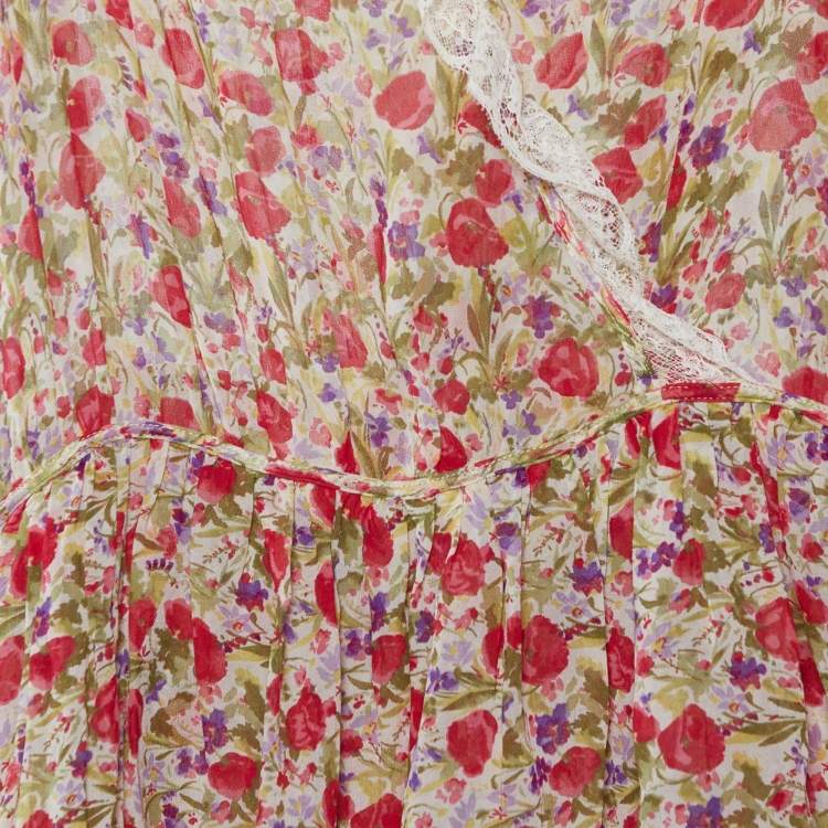 Pre Owned RED Valentino Beige Floral Printed Silk Lace Trim Detail Maxi Dress M